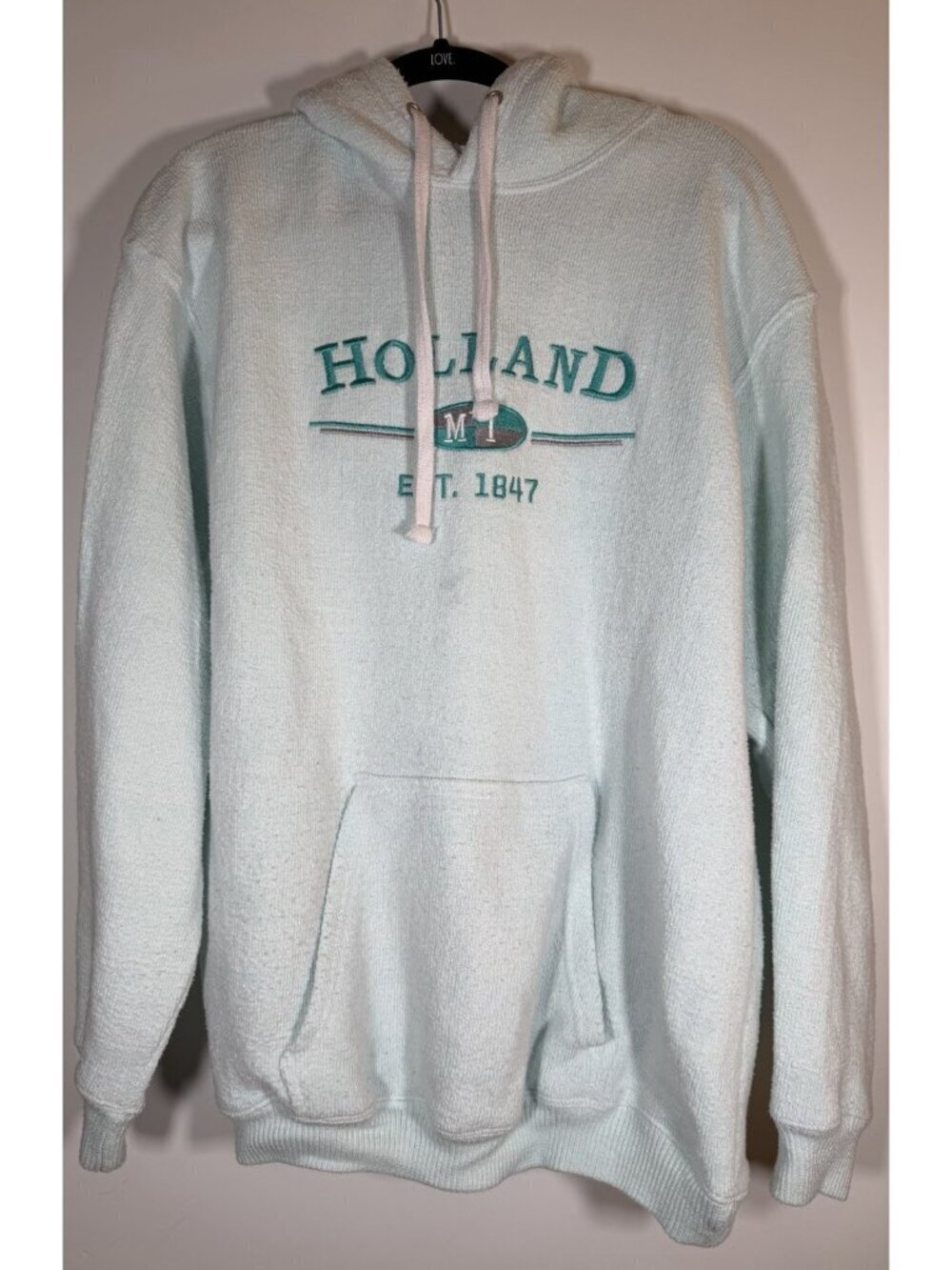 Vintage Y2K Isaac's Designs mint green terry hoodie Holland Michigan XL USA